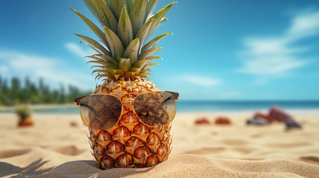 Cute Pineapple With Sunglasses stand In The Beach, at sunny day.