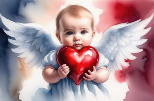 Little angel baby holding a red heart in his hands. Valentine's Day. Cupid's little child.