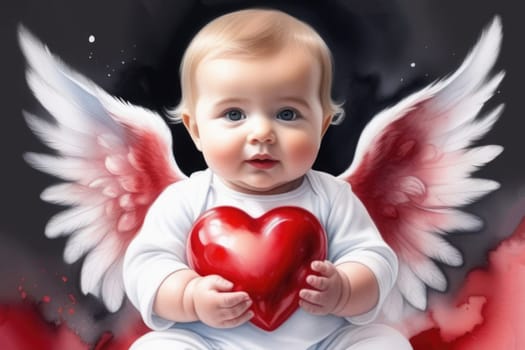 Little angel baby holding a red heart in his hands. Valentine's Day. Cupid's little child.