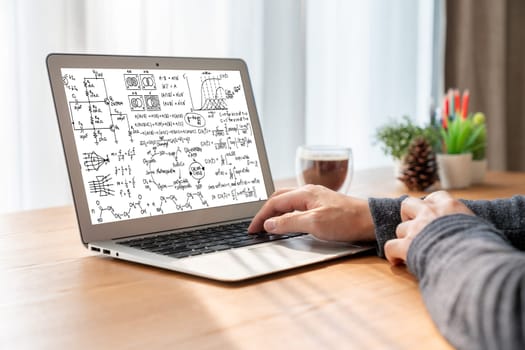 Mathematic equations and modish formula on computer screen showing concept of science and education