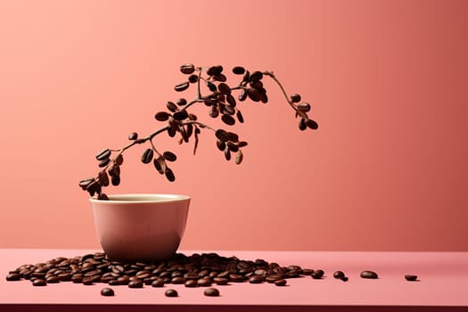 Coffee tree in a cup on a pink background.