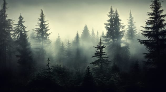 Mysterious mist weaving through a dense forest of towering pine trees