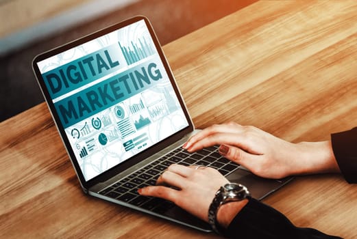 Digital Marketing Technology Solution for Online Business Concept - Graphic interface showing analytic diagram of online market promotion strategy on digital advertising platform via social media. uds