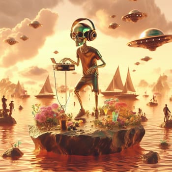 metallic alien dj with human skull, wearing glasses earphone dj of beach party in tropical island generative ai art