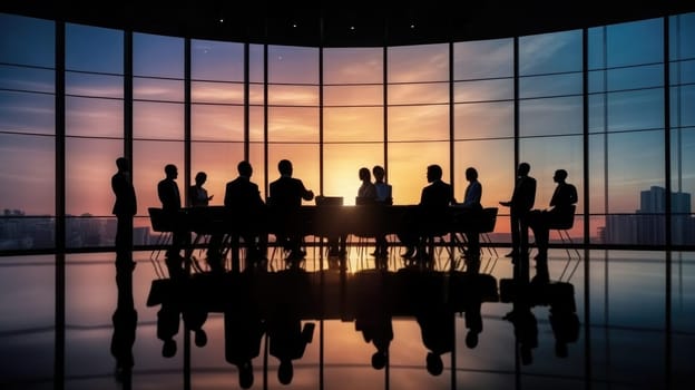 Silhouettes of group of business people against sunset comeliness