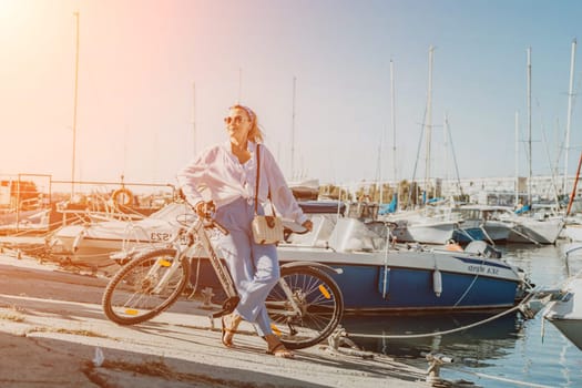 Woman enjoys bike ride along waterfront, Marina surroundings. She is wearing a white shirt and blue jeans, and she has a handbag with her. Capturing outdoor bike ride by waterfront