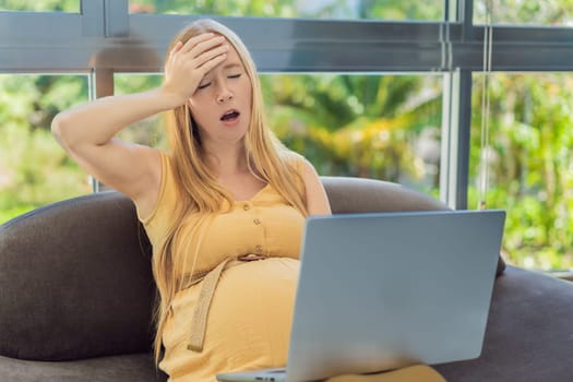 Weary pregnant woman, tired of working from home, navigates the challenges of balancing professional tasks with pregnancy demands.