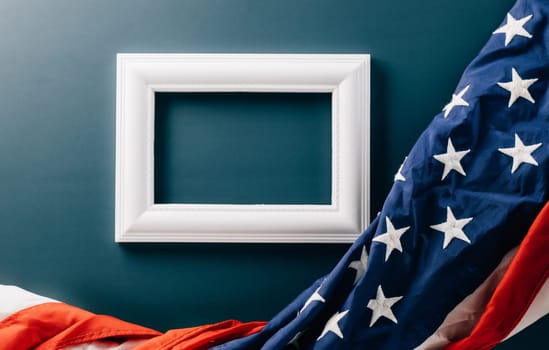 Top view USA flag for Memorial day on abstract blue background, Banner template design of presidents day concept, Above flag of United States American and photo frame, Happy Presidents Day