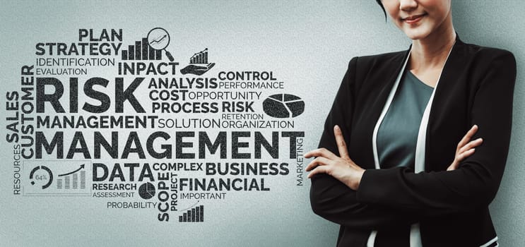 Risk Management and Assessment for Business Investment Concept. Modern interface showing symbols of strategy in risky plan analysis to control unpredictable loss and build financial safety. uds