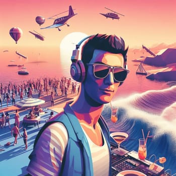 young deejay, wear glasses earphone hosting dj set at crowded beach party tropical island isometric ai generative ai art