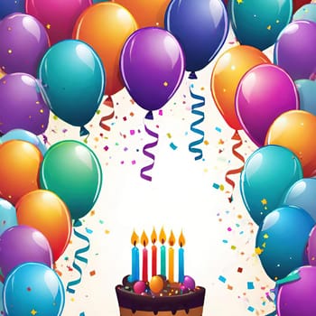 birthday card with cake and balloons on background. vector illustration.Birthday cake with candles, balloons and confetti. Birthday card with cake, balloons, confetti and ribbons. Birthday concept.