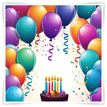 birthday card with cake and balloons on background. vector illustration.Birthday cake with candles, balloons and confetti. Birthday card with cake, balloons, confetti and ribbons. Birthday concept.