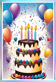 birthday card with cake and balloons on background. vector illustration.Birthday cake with candles, balloons and confetti. Birthday card with cake, balloons, confetti and ribbons. Birthday concept.