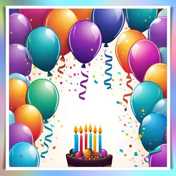 birthday card with cake and balloons on background. vector illustration.Birthday cake with candles, balloons and confetti. Birthday card with cake, balloons, confetti and ribbons. Birthday concept.