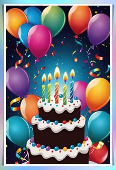 birthday card with cake and balloons on background. vector illustration.Birthday cake with candles, balloons and confetti. Birthday card with cake, balloons, confetti and ribbons. Birthday concept.