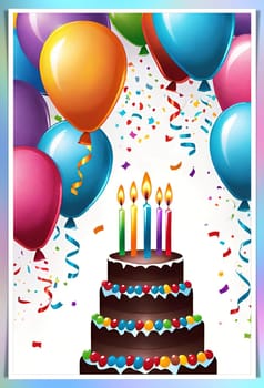 birthday card with cake and balloons on background. vector illustration.Birthday cake with candles, balloons and confetti. Birthday card with cake, balloons, confetti and ribbons. Birthday concept.