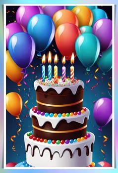 birthday card with cake and balloons on background. vector illustration.Birthday cake with candles, balloons and confetti. Birthday card with cake, balloons, confetti and ribbons. Birthday concept.