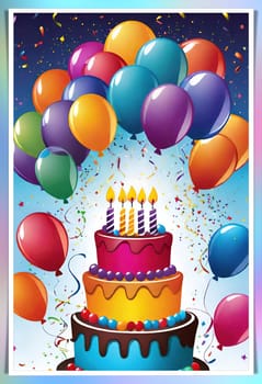 birthday card with cake and balloons on background. vector illustration.Birthday cake with candles, balloons and confetti. Birthday card with cake, balloons, confetti and ribbons. Birthday concept.