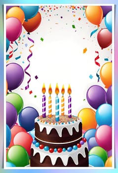 birthday card with cake and balloons on background. vector illustration.Birthday cake with candles, balloons and confetti. Birthday card with cake, balloons, confetti and ribbons. Birthday concept.