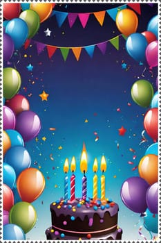 birthday card with cake and balloons on background. vector illustration.Birthday cake with candles, balloons and confetti. Birthday card with cake, balloons, confetti and ribbons. Birthday concept.