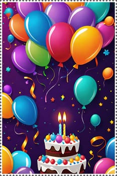 birthday card with cake and balloons on background. vector illustration.Birthday cake with candles, balloons and confetti. Birthday card with cake, balloons, confetti and ribbons. Birthday concept.