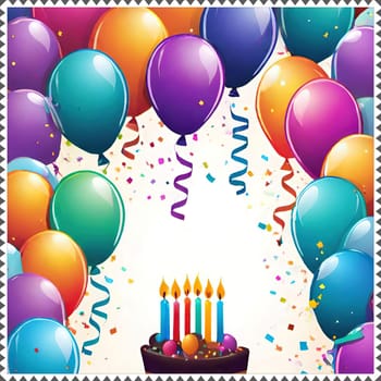 birthday card with cake and balloons on background. vector illustration.Birthday cake with candles, balloons and confetti. Birthday card with cake, balloons, confetti and ribbons. Birthday concept.