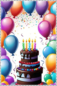 birthday card with cake and balloons on background. vector illustration.Birthday cake with candles, balloons and confetti. Birthday card with cake, balloons, confetti and ribbons. Birthday concept.