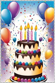 birthday card with cake and balloons on background. vector illustration.Birthday cake with candles, balloons and confetti. Birthday card with cake, balloons, confetti and ribbons. Birthday concept.