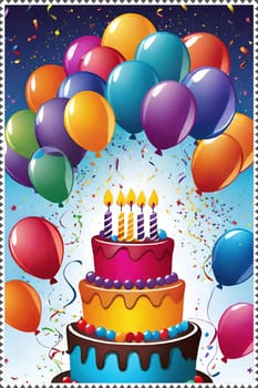 birthday card with cake and balloons on background. vector illustration.Birthday cake with candles, balloons and confetti. Birthday card with cake, balloons, confetti and ribbons. Birthday concept.