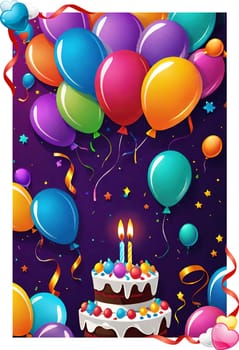 birthday card with cake and balloons on background. vector illustration.Birthday cake with candles, balloons and confetti. Birthday card with cake, balloons, confetti and ribbons. Birthday concept.