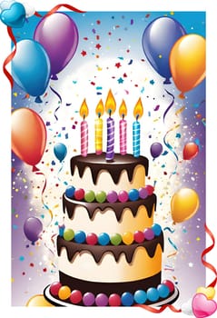 birthday card with cake and balloons on background. vector illustration.Birthday cake with candles, balloons and confetti. Birthday card with cake, balloons, confetti and ribbons. Birthday concept.