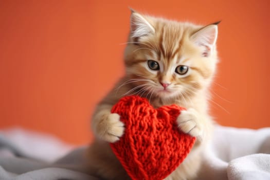 A charming ginger kitten with a playful gaze holding a red heart-shaped knit, symbolizing love and affection.