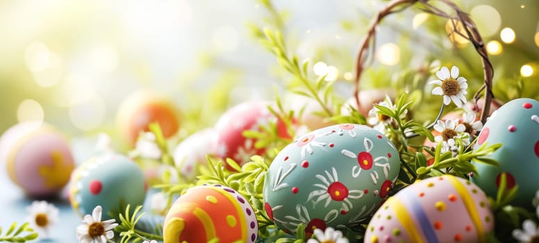 A serene Easter setting displaying intricately painted eggs amidst a vibrant arrangement of spring blossoms, accentuated by a soft bokeh light effect.