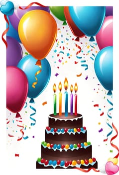 birthday card with cake and balloons on background. vector illustration.Birthday cake with candles, balloons and confetti. Birthday card with cake, balloons, confetti and ribbons. Birthday concept.