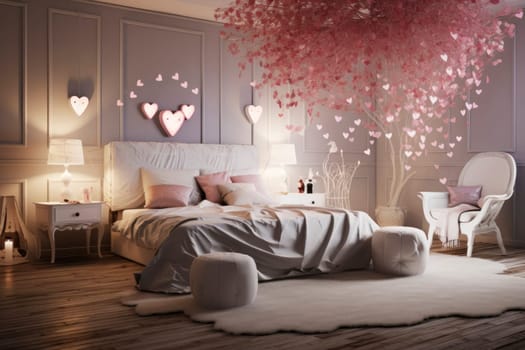 An enchanting bedroom bathed in soft lighting, with a cherry blossom tree illusion on the ceiling and heart-shaped wall accents creating a magical ambiance