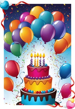 birthday card with cake and balloons on background. vector illustration.Birthday cake with candles, balloons and confetti. Birthday card with cake, balloons, confetti and ribbons. Birthday concept.