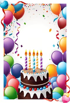 birthday card with cake and balloons on background. vector illustration.Birthday cake with candles, balloons and confetti. Birthday card with cake, balloons, confetti and ribbons. Birthday concept.