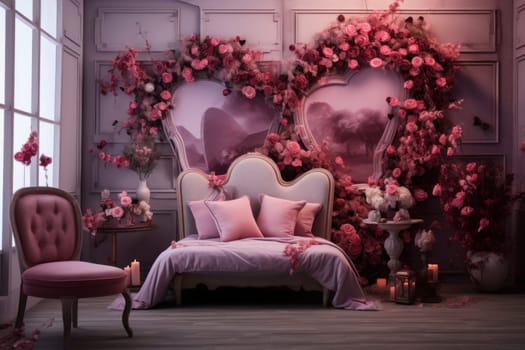 A serene bedroom transformed into a Valentine's day fantasy with cascading floral arches, vintage furniture, and soft pink hues.