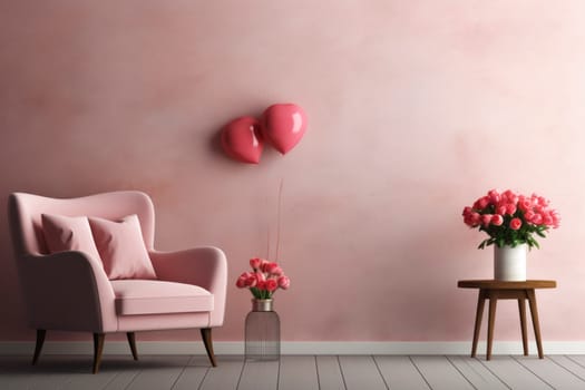 A minimalist interior in soft pink tones, highlighted by romantic heart balloons and a bouquet of fresh roses on a wooden table.