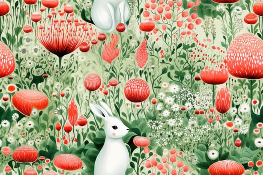 Spring Floral Delight: Cute Bunny in a Colorful Garden, a Whimsical Seamless Pattern for Happy Seasonal Designs
