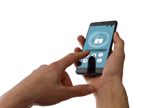 isolated woman hand holding the phone with system smart house.