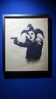 Stockholm, Sweden, December 29 2023. Art exhibition. The mystery of Banksy A genius mind. Joker.