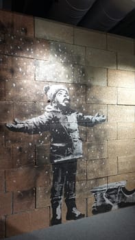 Stockholm, Sweden, December 29 2023. Art exhibition. The mystery of Banksy A genius mind. Winter.