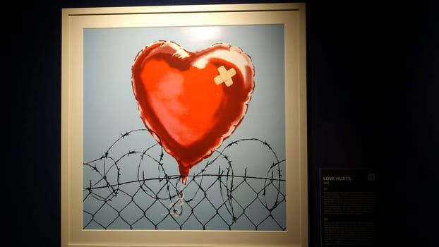 Stockholm, Sweden, December 29 2023. Art exhibition. The mystery of Banksy A genius mind. Love hurts.