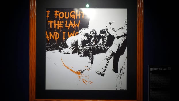 Stockholm, Sweden, December 29 2023. Art exhibition. The mystery of Banksy A genius mind. The law.