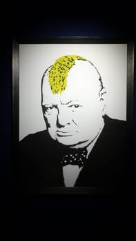 Stockholm, Sweden, December 29 2023. Art exhibition. The mystery of Banksy A genius mind. The face.