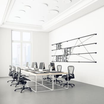 Modern office interior with white walls, concrete floor, white computer tables and black chairs. 3d rendering mock up