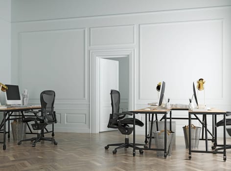Modern office interior with white walls, concrete floor, white computer tables and black chairs. 3d rendering mock up