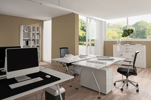 Interior of modern office with brown walls, wooden floor and white computer tables with chairs. 3d rendering