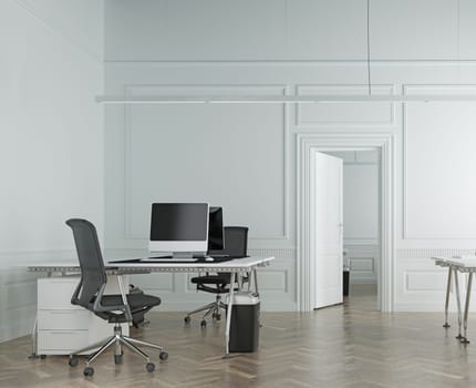 Modern office interior with white walls, concrete floor, white computer tables and black chairs. 3d rendering mock up